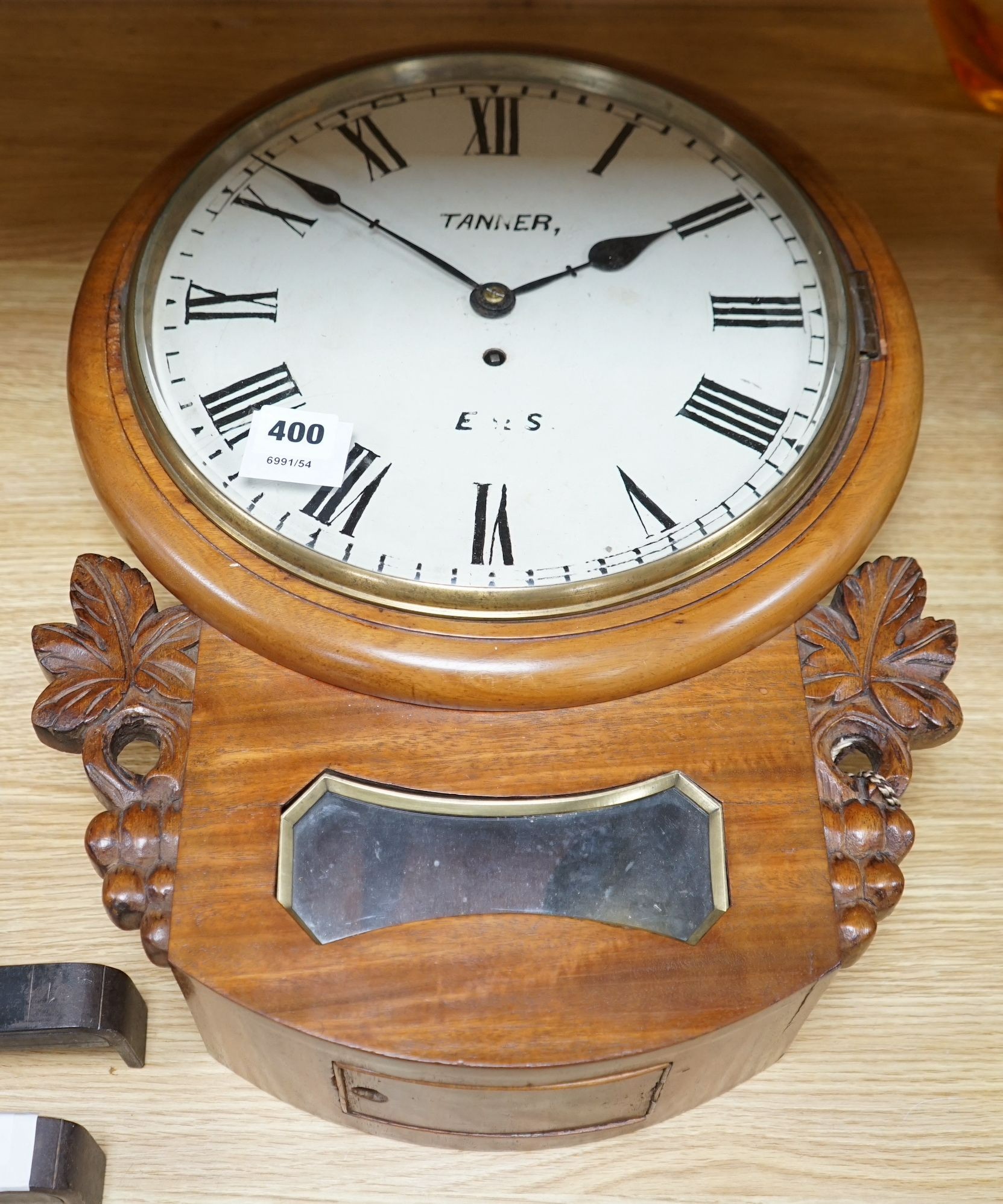 A Victorian mahogany drop-dial fusee wall timepiece retailed by Tanner